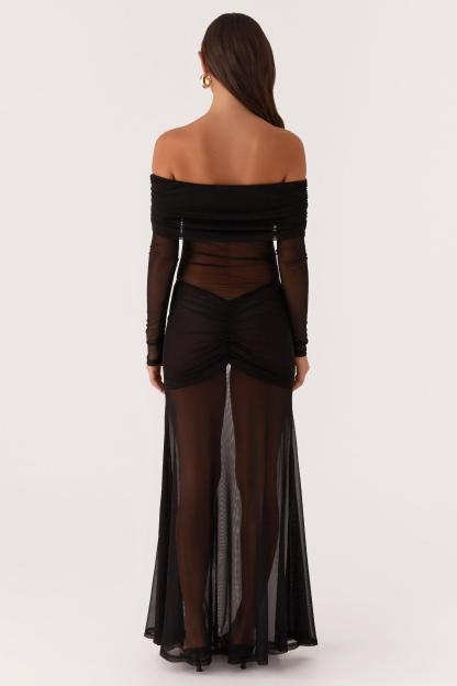 Mesh Off-Shoulder Long Sleeve Maxi Dress