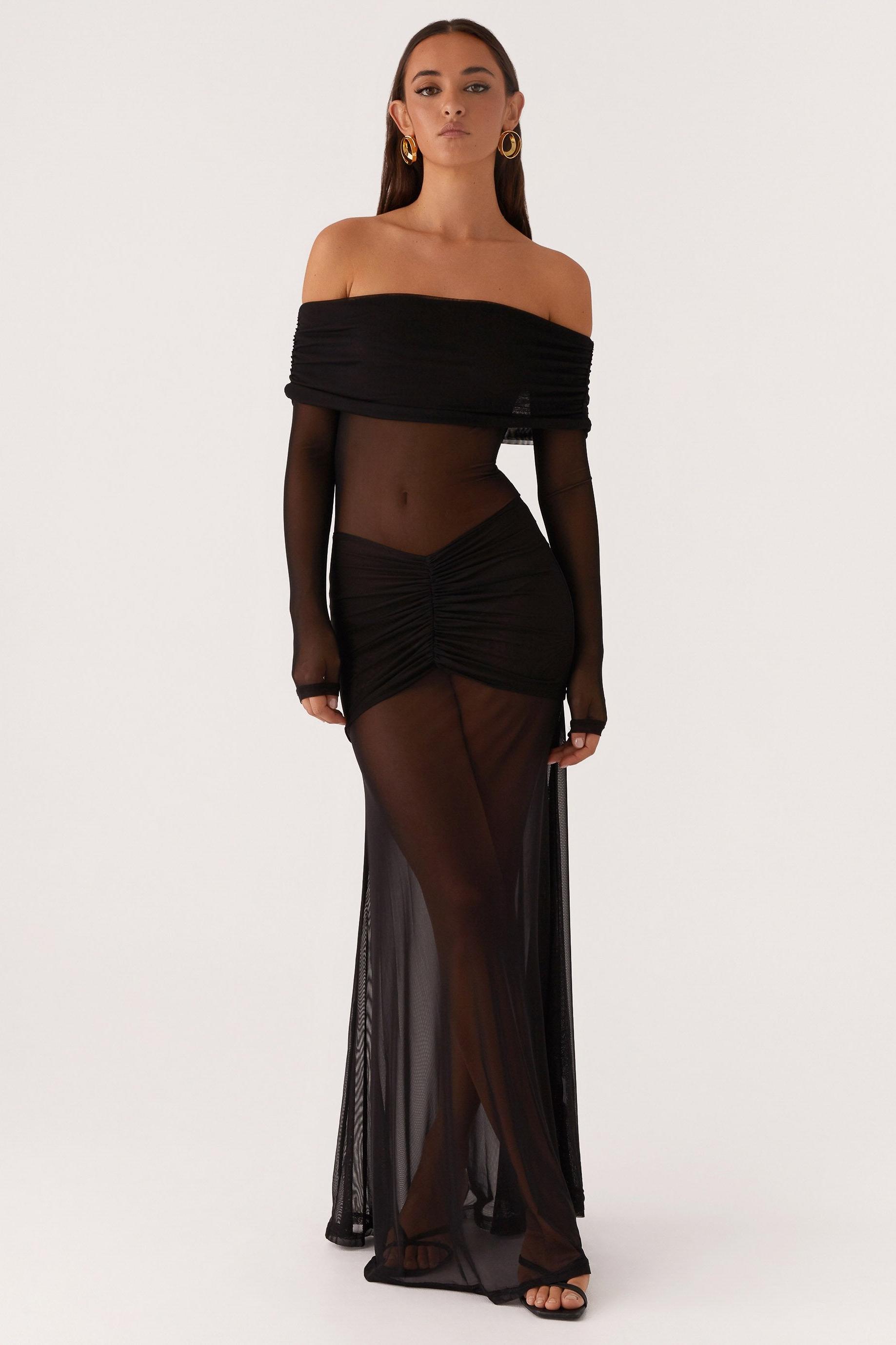Mesh Off-Shoulder Long Sleeve Maxi Dress