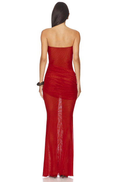 Mesh Off-Shoulder Ruched Maxi Dress