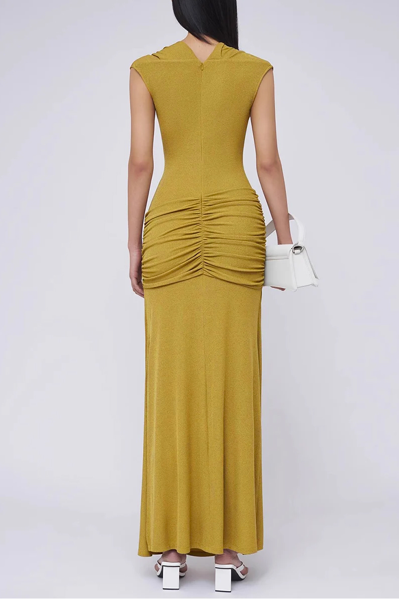 Asymmetrical Neck Gathering Sleeveless Maxi Dress