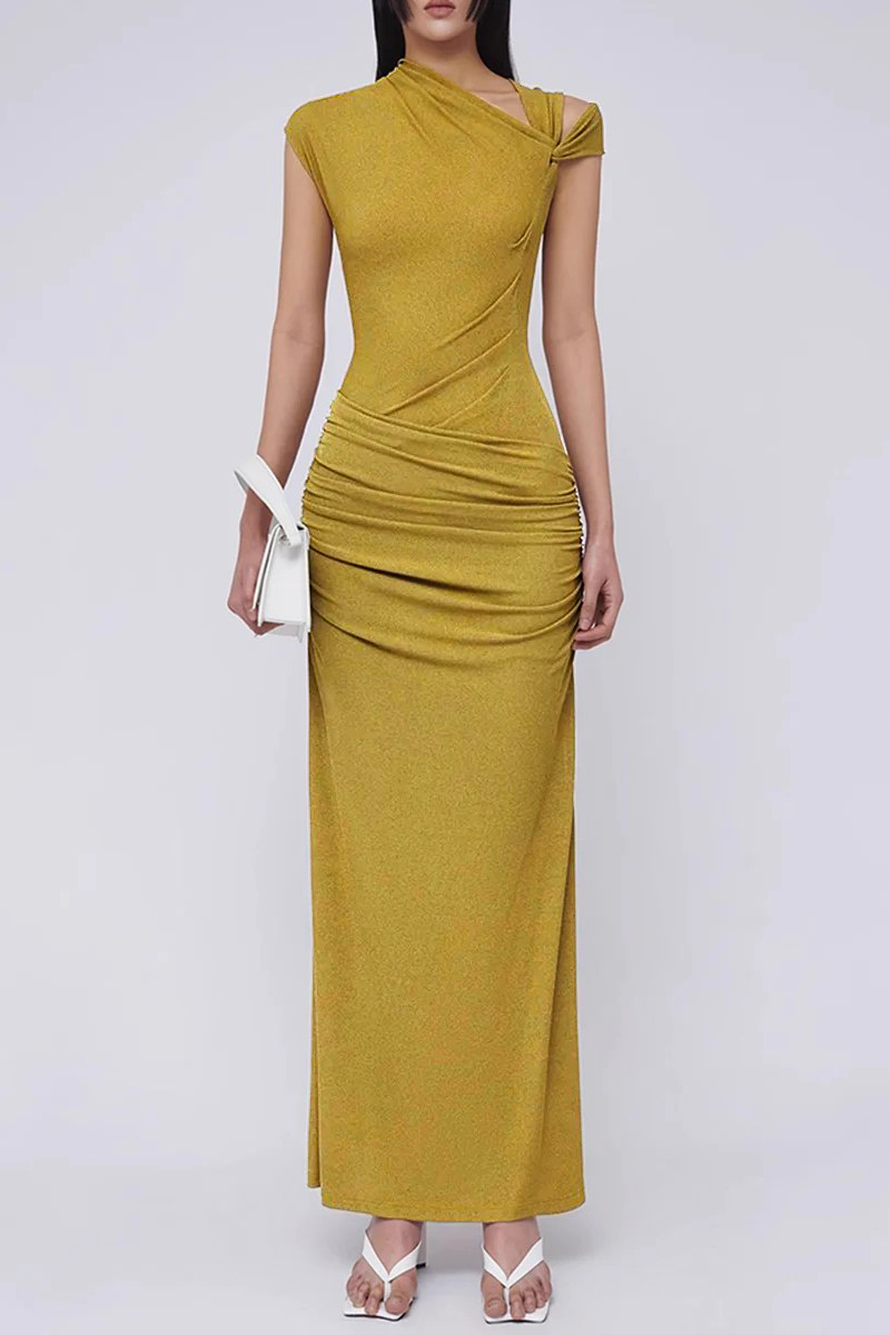 Asymmetrical Neck Gathering Sleeveless Maxi Dress