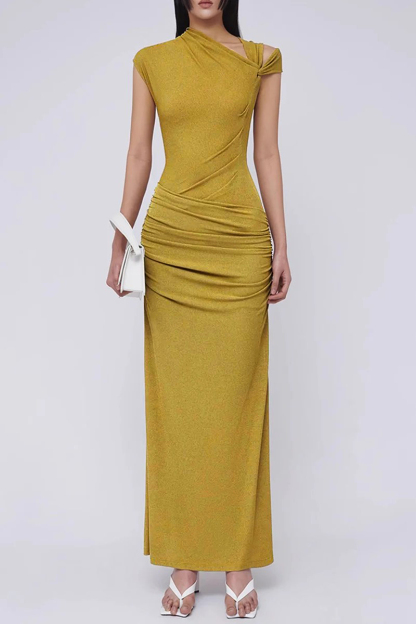 Asymmetrical Neck Gathering Sleeveless Maxi Dress