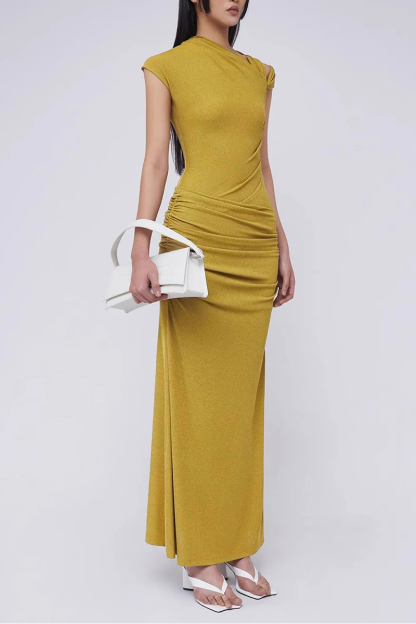 Asymmetrical Neck Gathering Sleeveless Maxi Dress