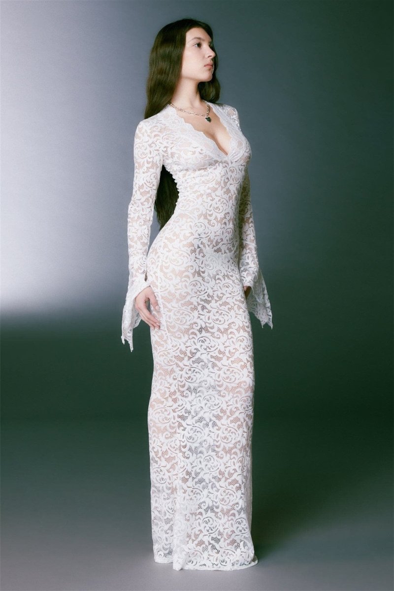 Lace V-Neck Long Sleeve Maxi Dress