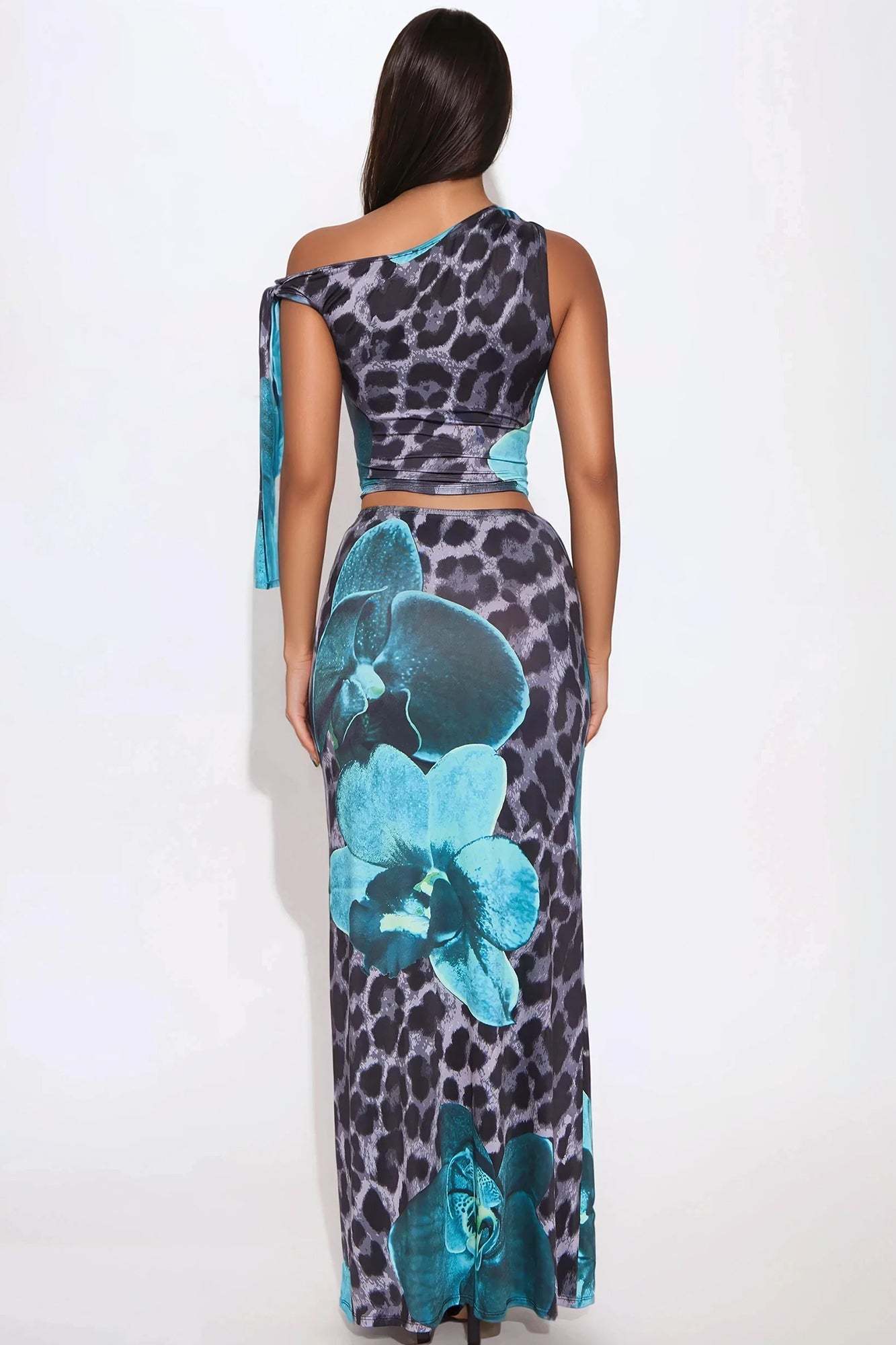 Leopard Print Skew Collar Top & Low Waist Maxi Skirt Set