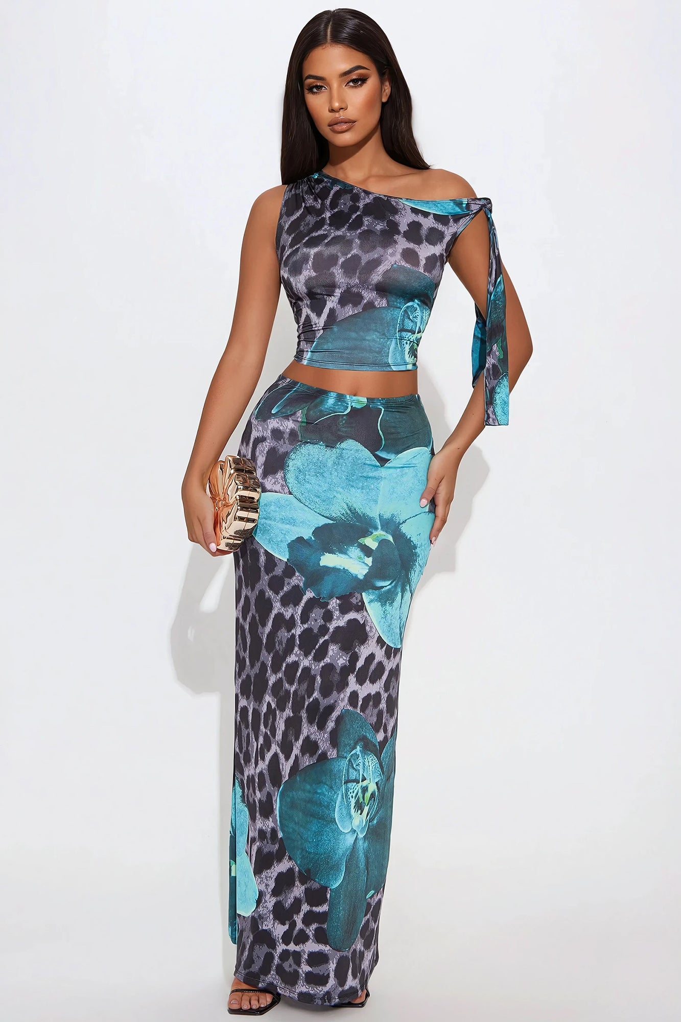 Leopard Print Skew Collar Top & Low Waist Maxi Skirt Set