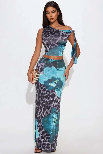 Leopard Print Skew Collar Top & Low Waist Maxi Skirt Set