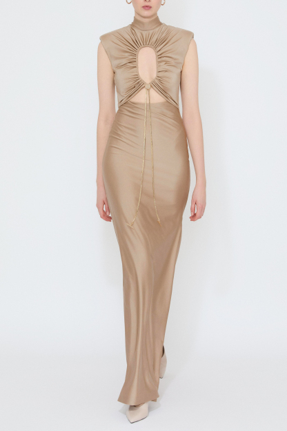 Satin Shirring Cut-Out Maxi Dress