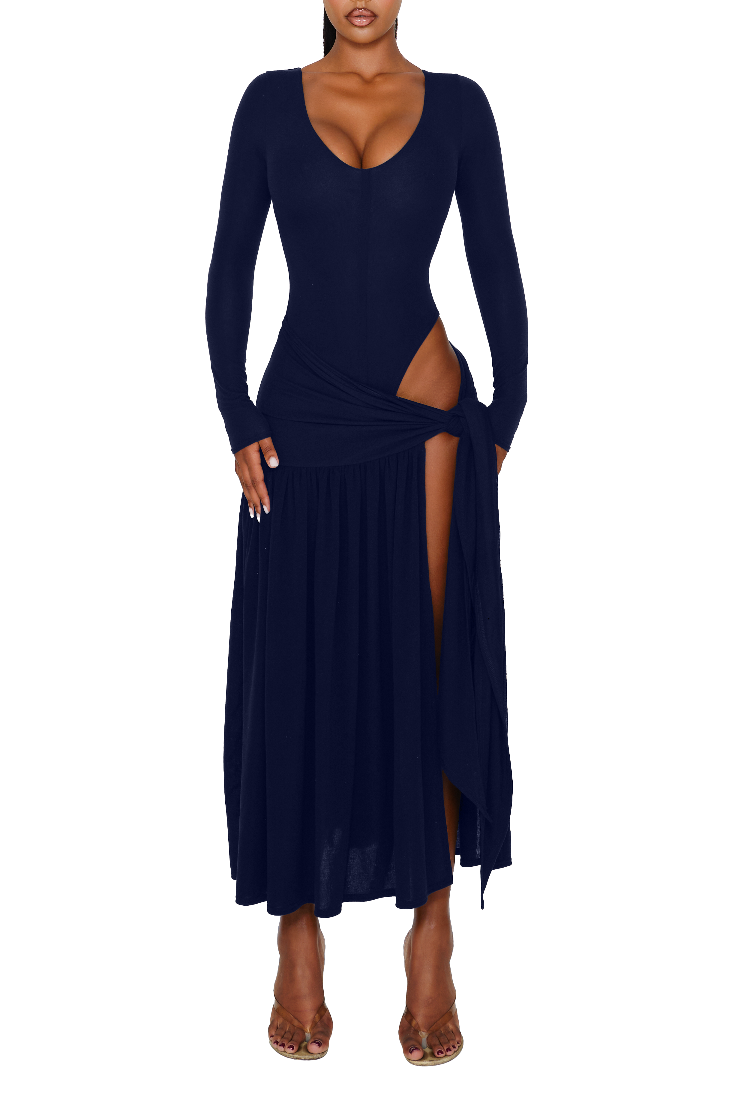Solid Long Sleeve Bodysuit & Low Waist Tie-up Wrap Midi Skirt Set