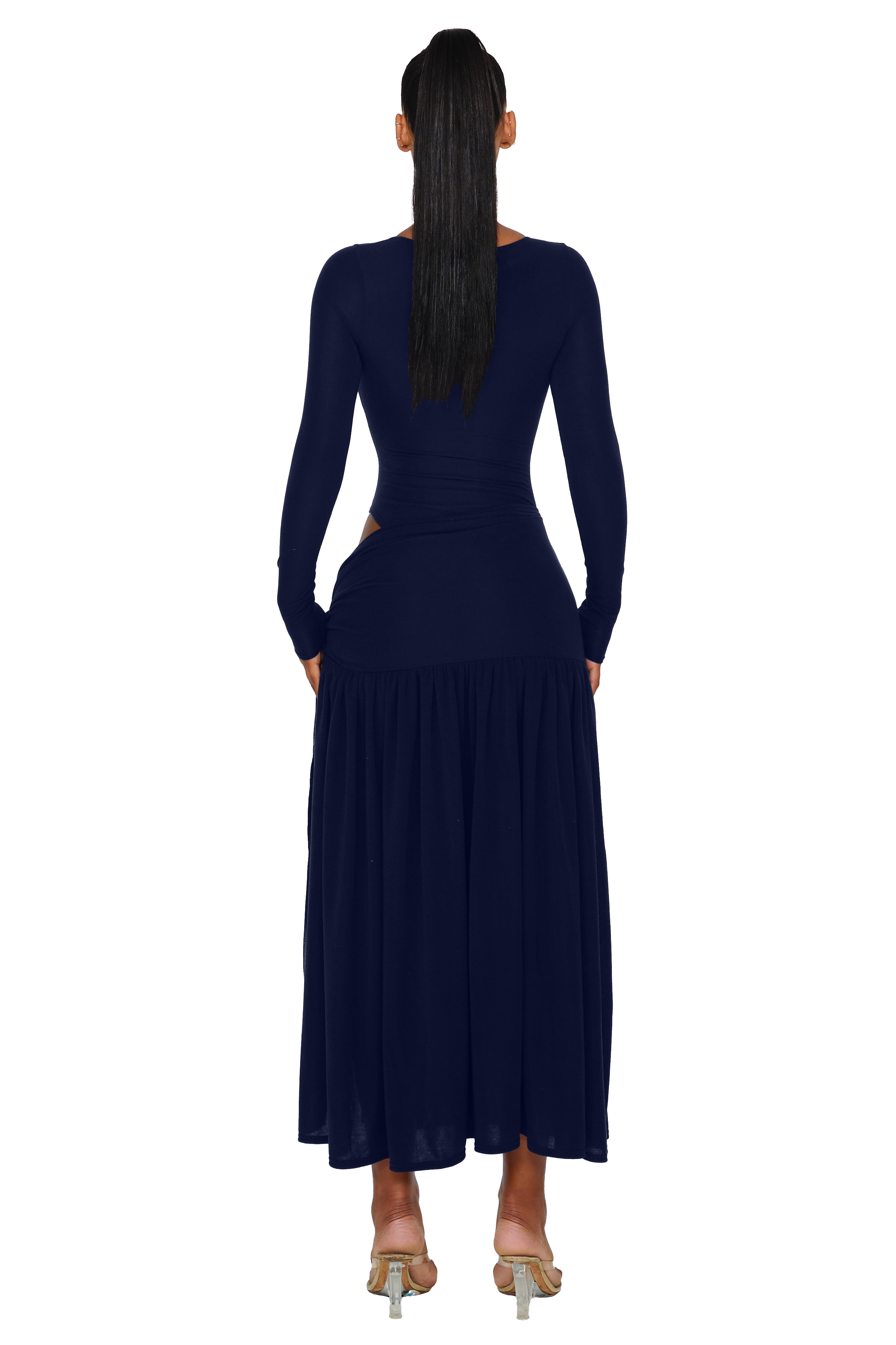 Solid Long Sleeve Bodysuit & Low Waist Tie-up Wrap Midi Skirt Set