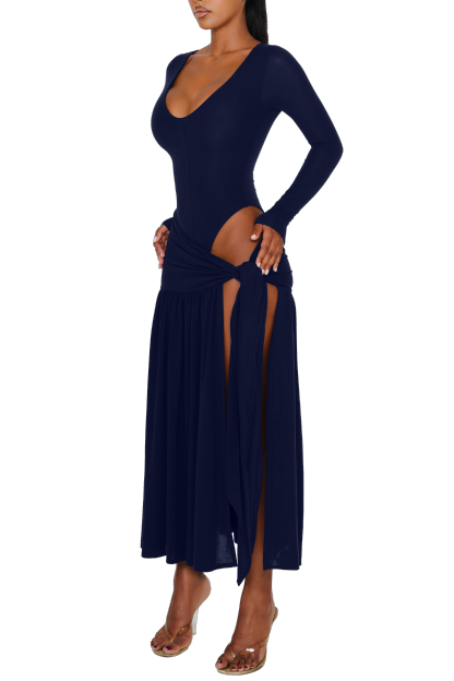Solid Long Sleeve Bodysuit & Low Waist Tie-up Wrap Midi Skirt Set