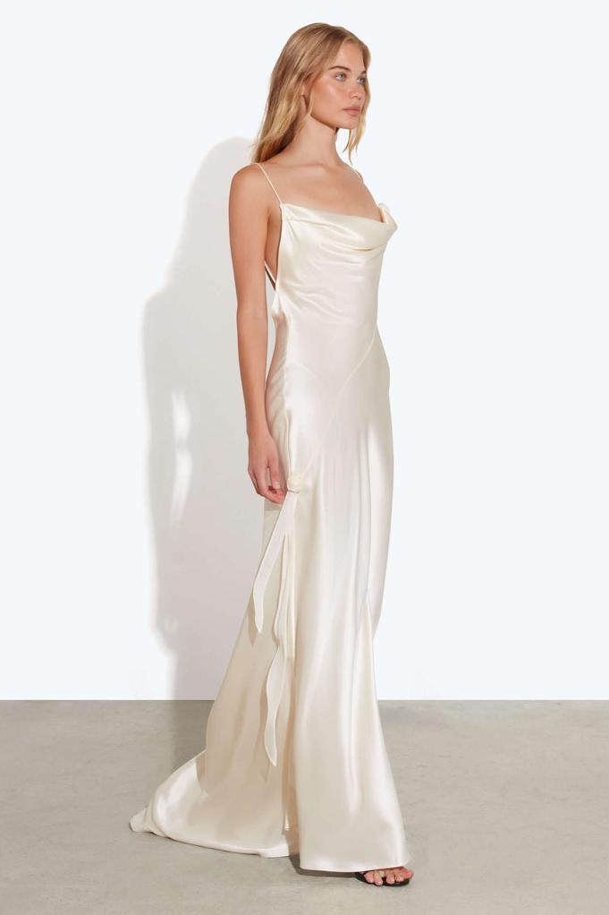 Satin 3D Flower Swing Collar Slip Maxi Dress