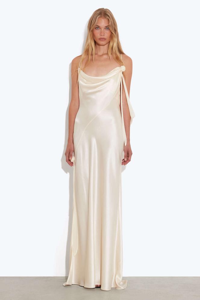 Satin 3D Flower Swing Collar Slip Maxi Dress