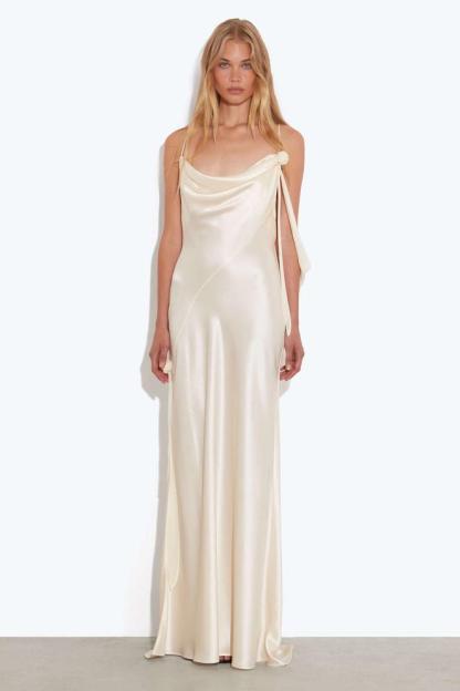 Satin 3D Flower Swing Collar Slip Maxi Dress