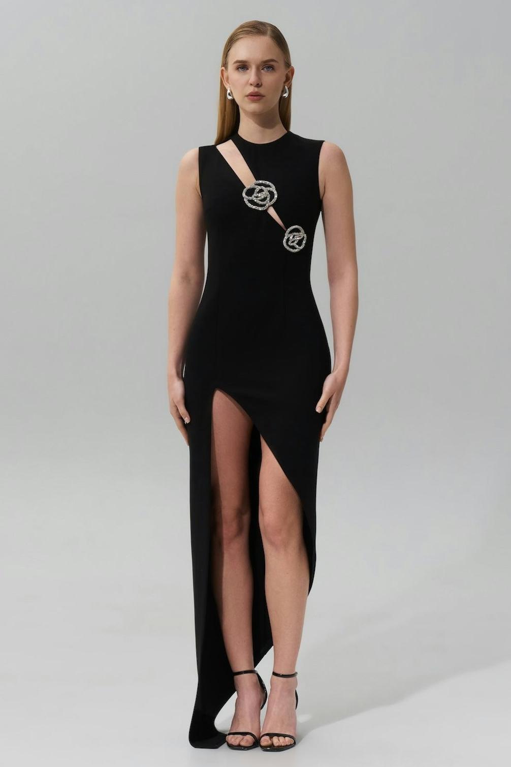 Bandage Rhinestone Floral Cut-Out Midi Dress