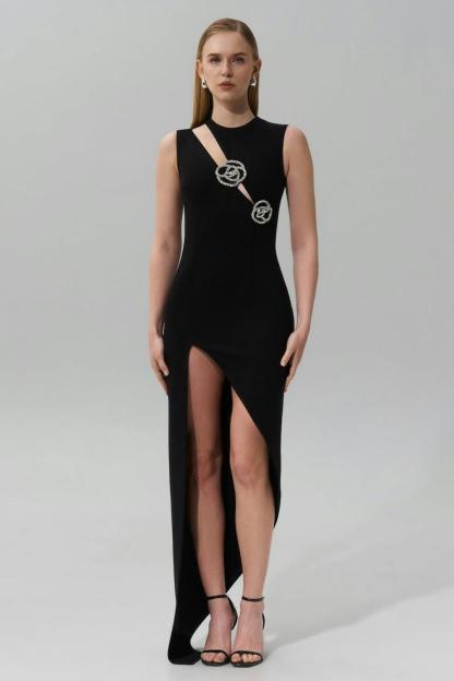 Bandage Rhinestone Floral Cut-Out Midi Dress