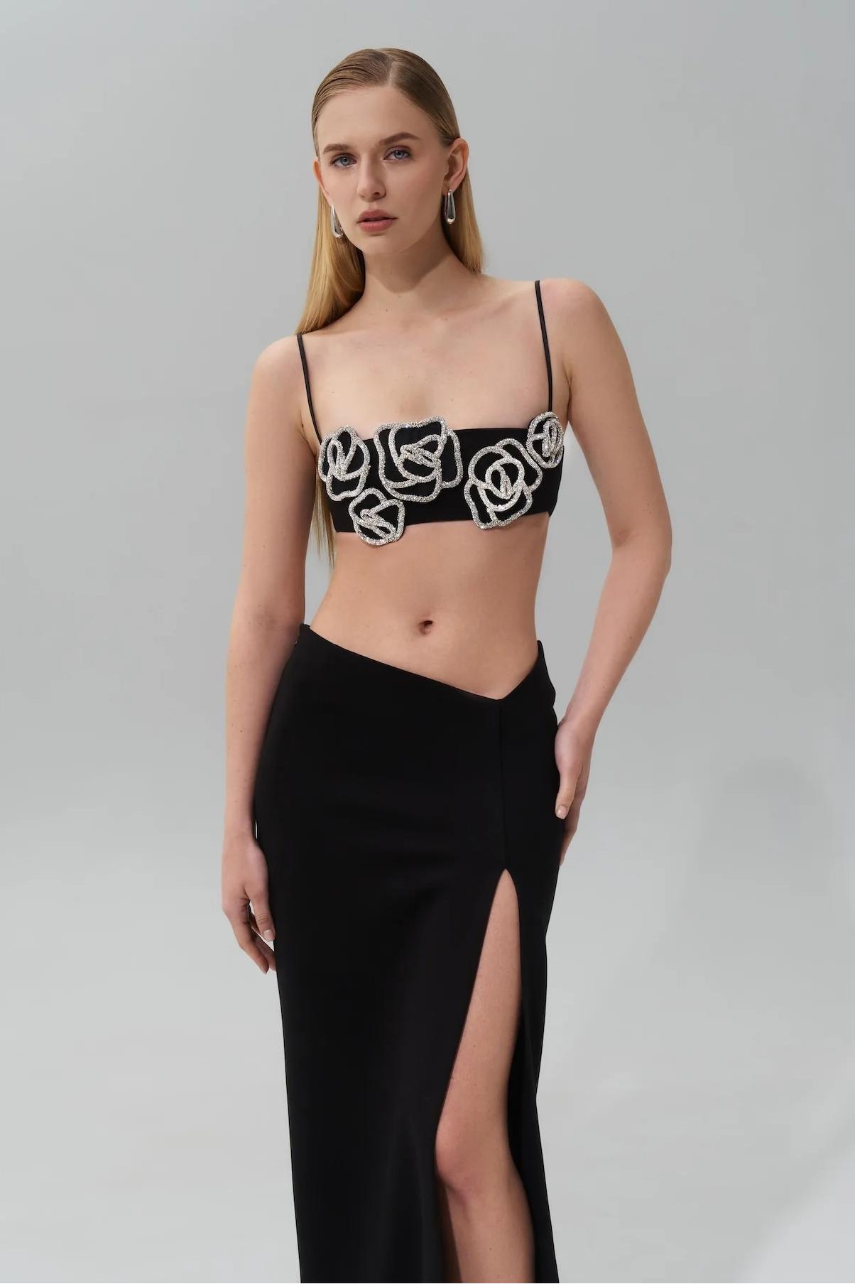 Rhinestone Floral Sleeveless Top & Low Waist Maxi Slit Skirt Set