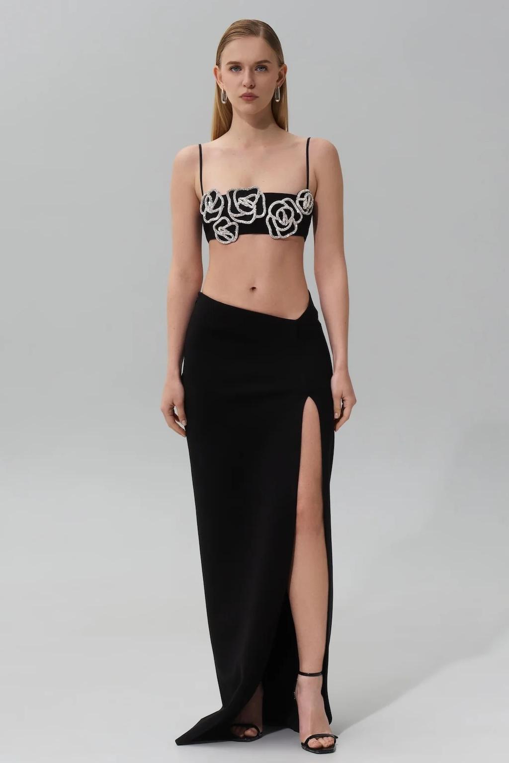 Rhinestone Floral Sleeveless Top & Low Waist Maxi Slit Skirt Set