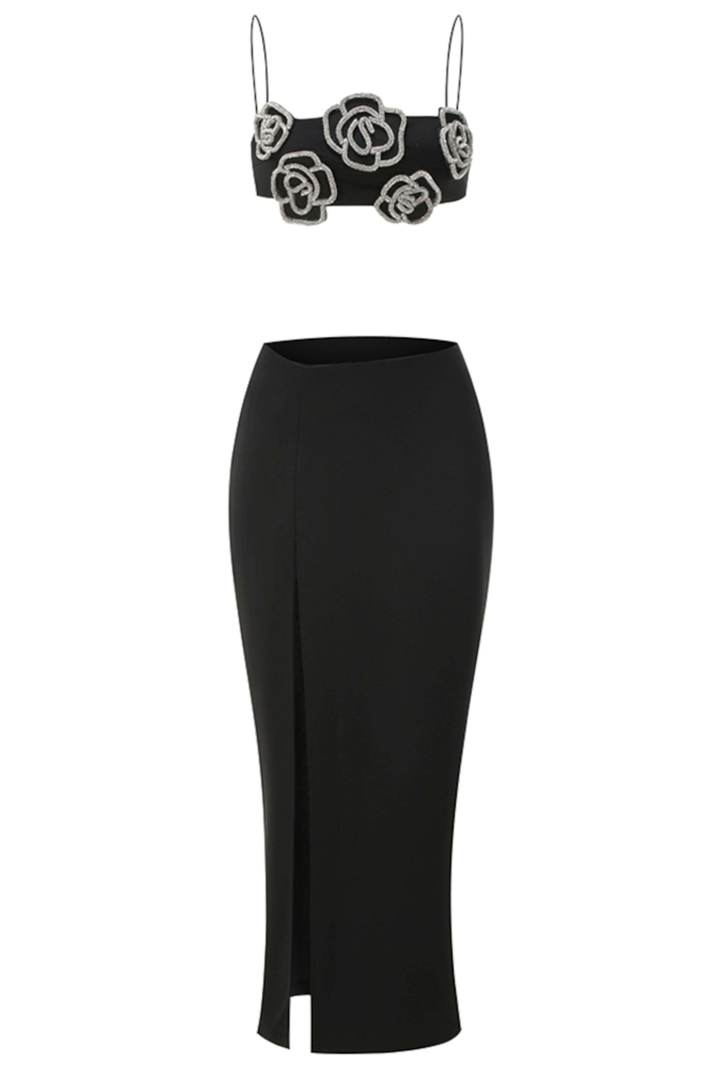 Rhinestone Floral Sleeveless Top & Low Waist Maxi Slit Skirt Set