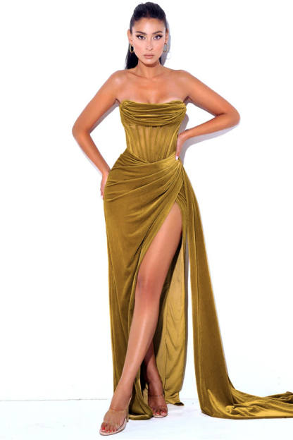 Velvet Off-Shoulder Slit Maxi Dress