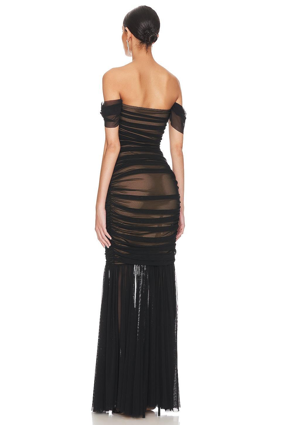 Mesh Off-Shoulder Gathering Midi Dress