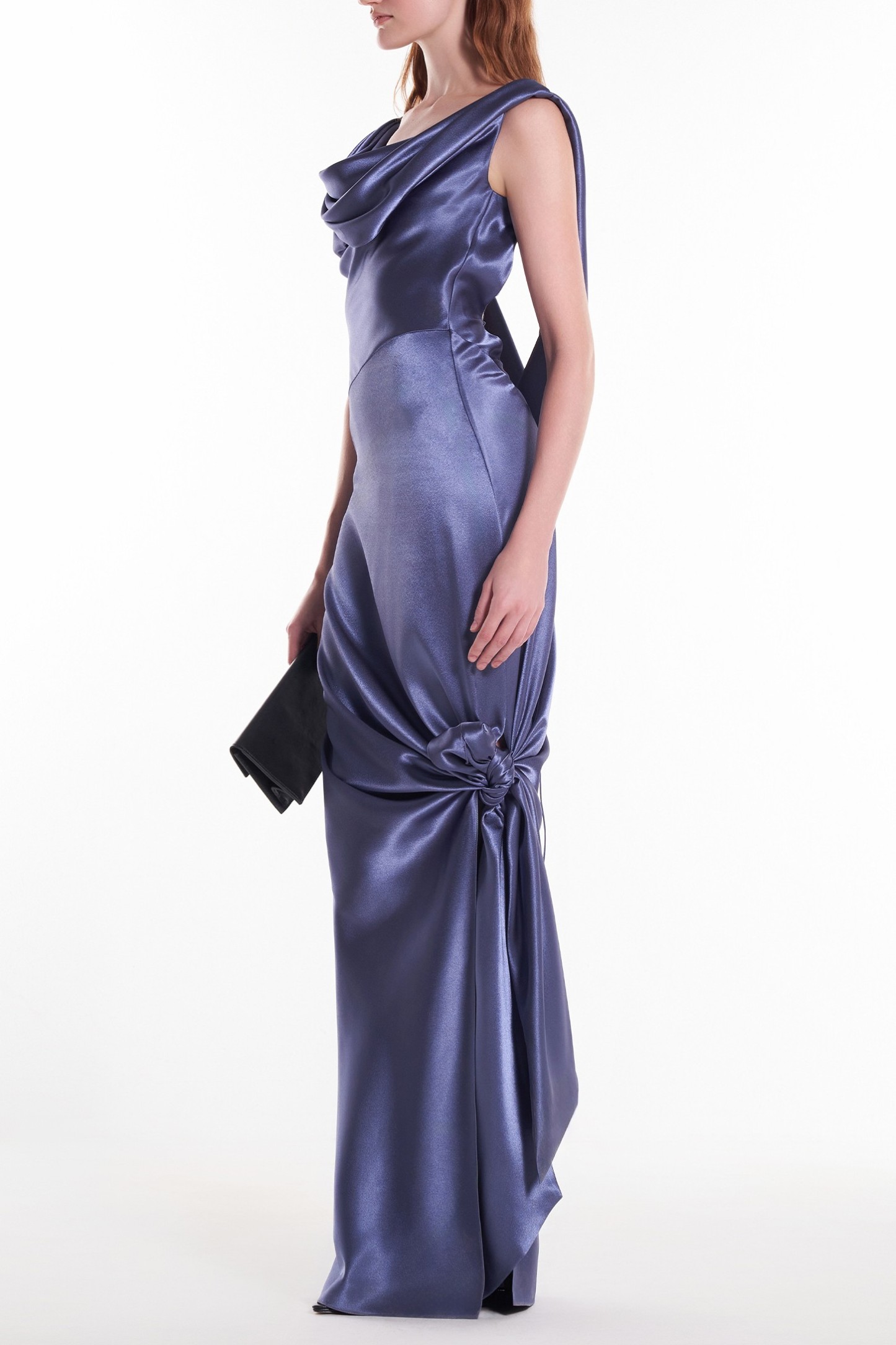 Satin Swing Collar Backless Slit Maxi Dress