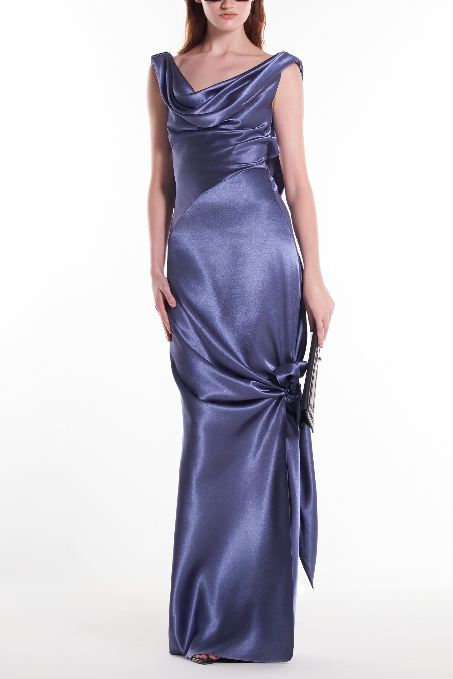 Satin Swing Collar Backless Slit Maxi Dress