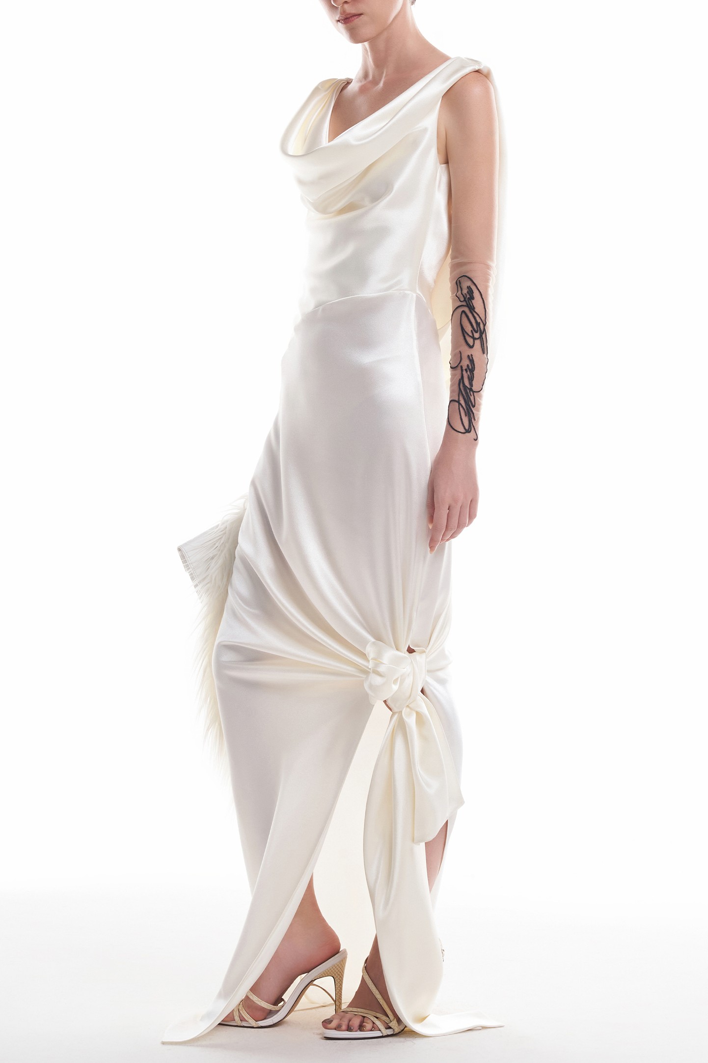 Satin Swing Collar Backless Slit Maxi Dress