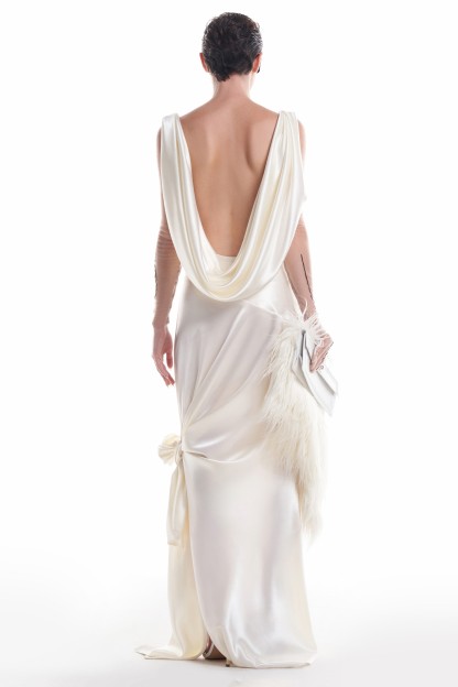 Satin Swing Collar Backless Slit Maxi Dress