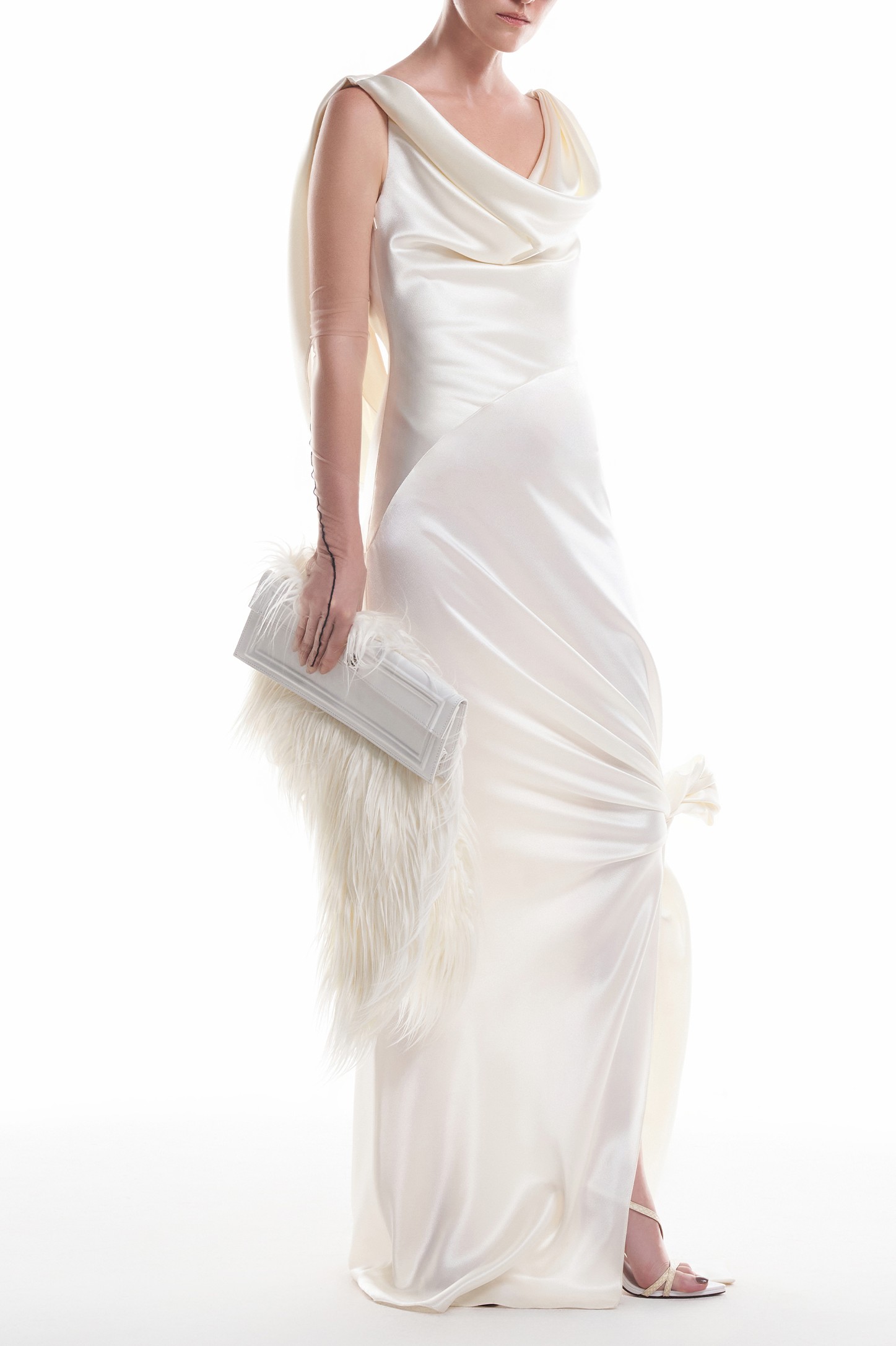 Satin Swing Collar Backless Slit Maxi Dress