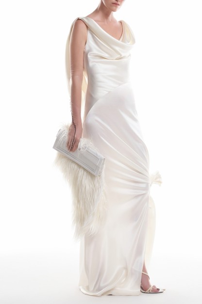 Satin Swing Collar Backless Slit Maxi Dress