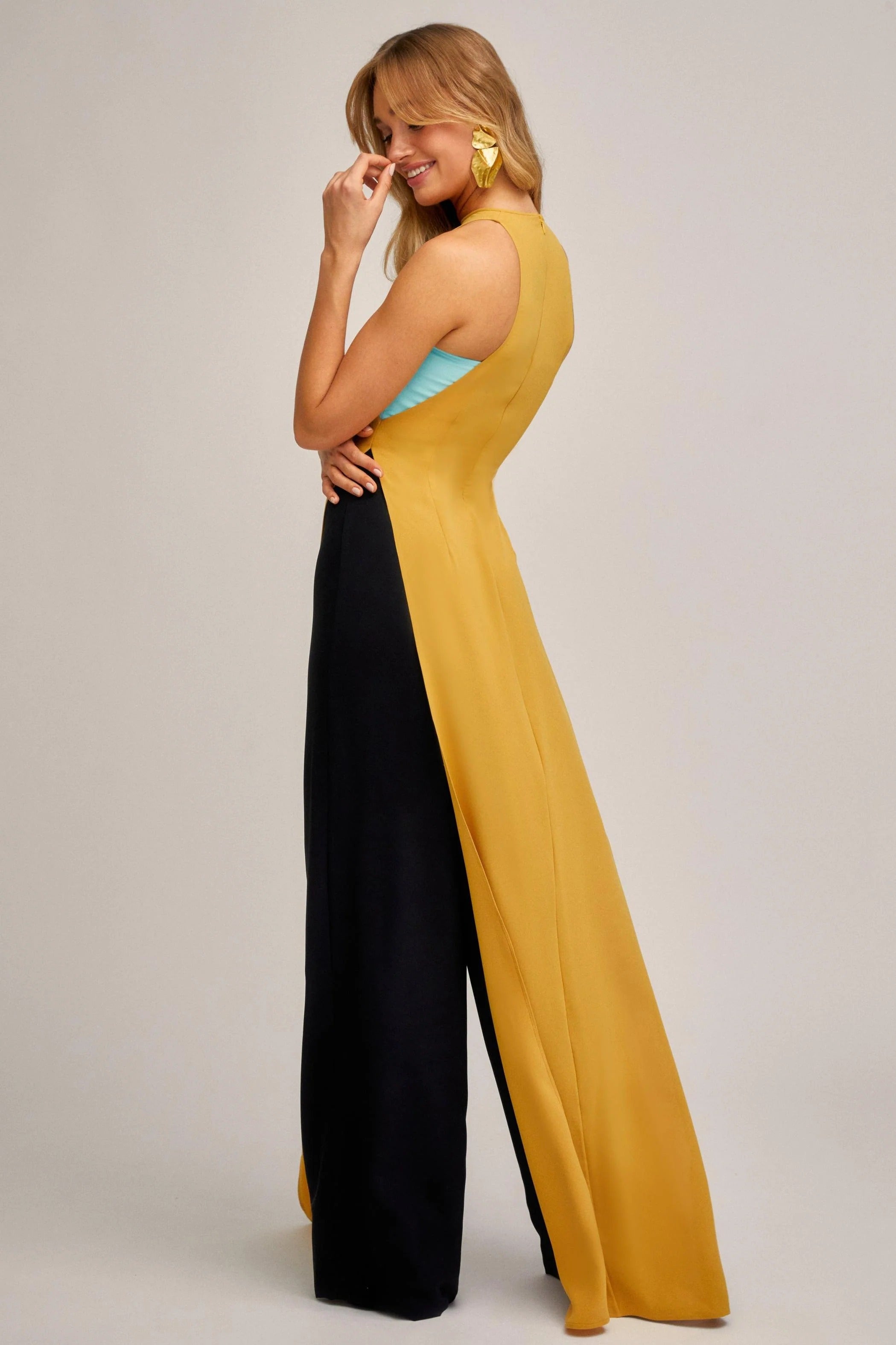Contrast Color Splicing Slit Maxi Dress
