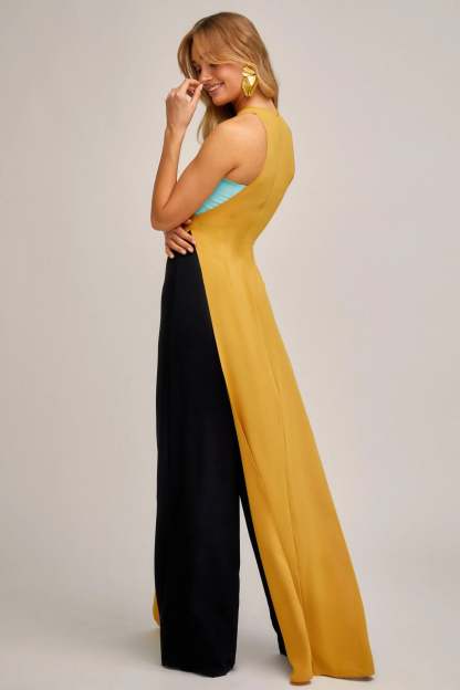 Contrast Color Splicing Slit Maxi Dress