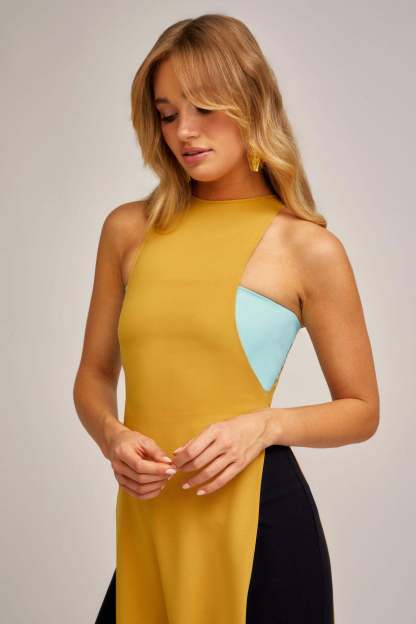 Contrast Color Splicing Slit Maxi Dress