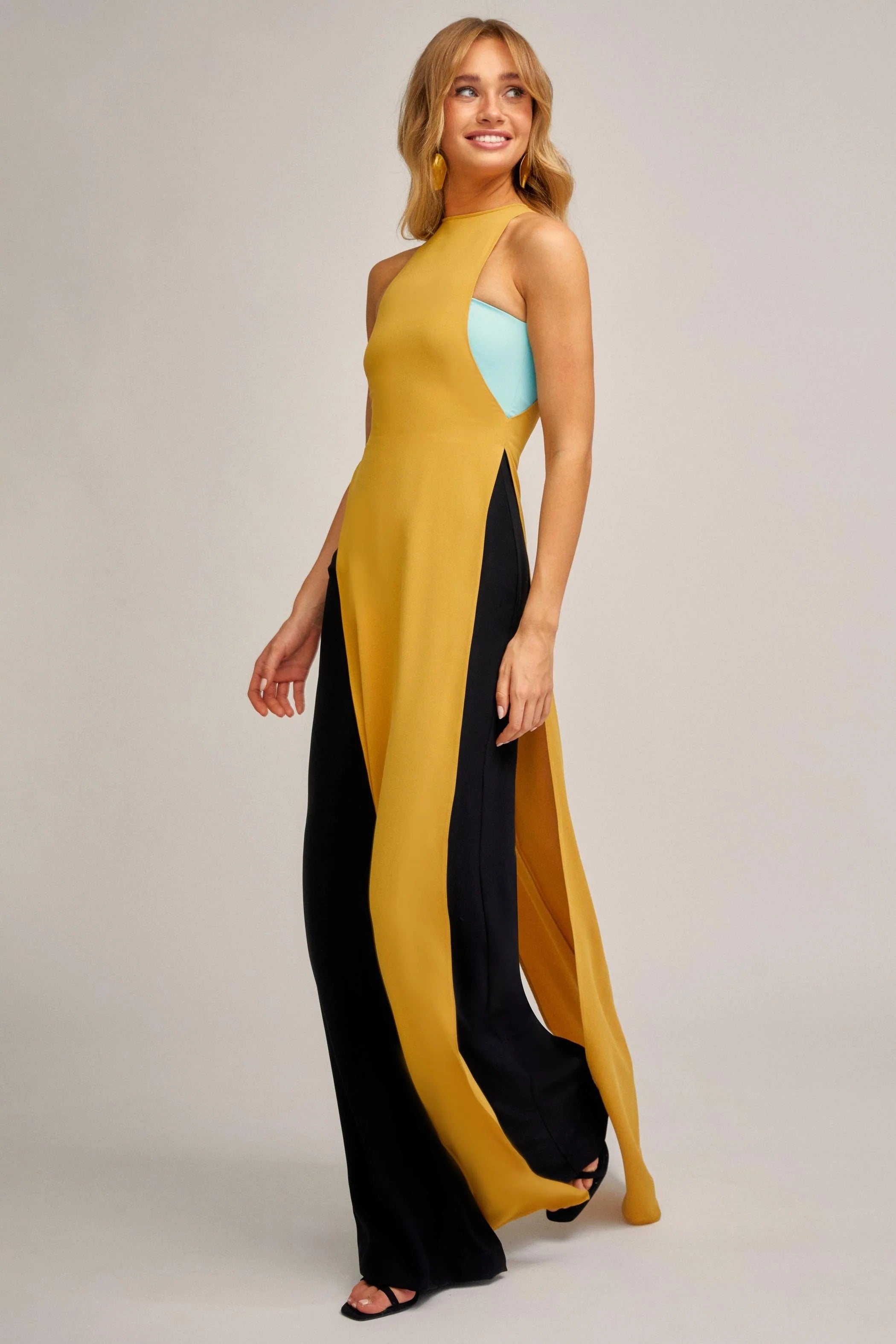 Contrast Color Splicing Slit Maxi Dress