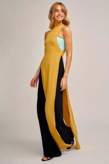 Contrast Color Splicing Slit Maxi Dress