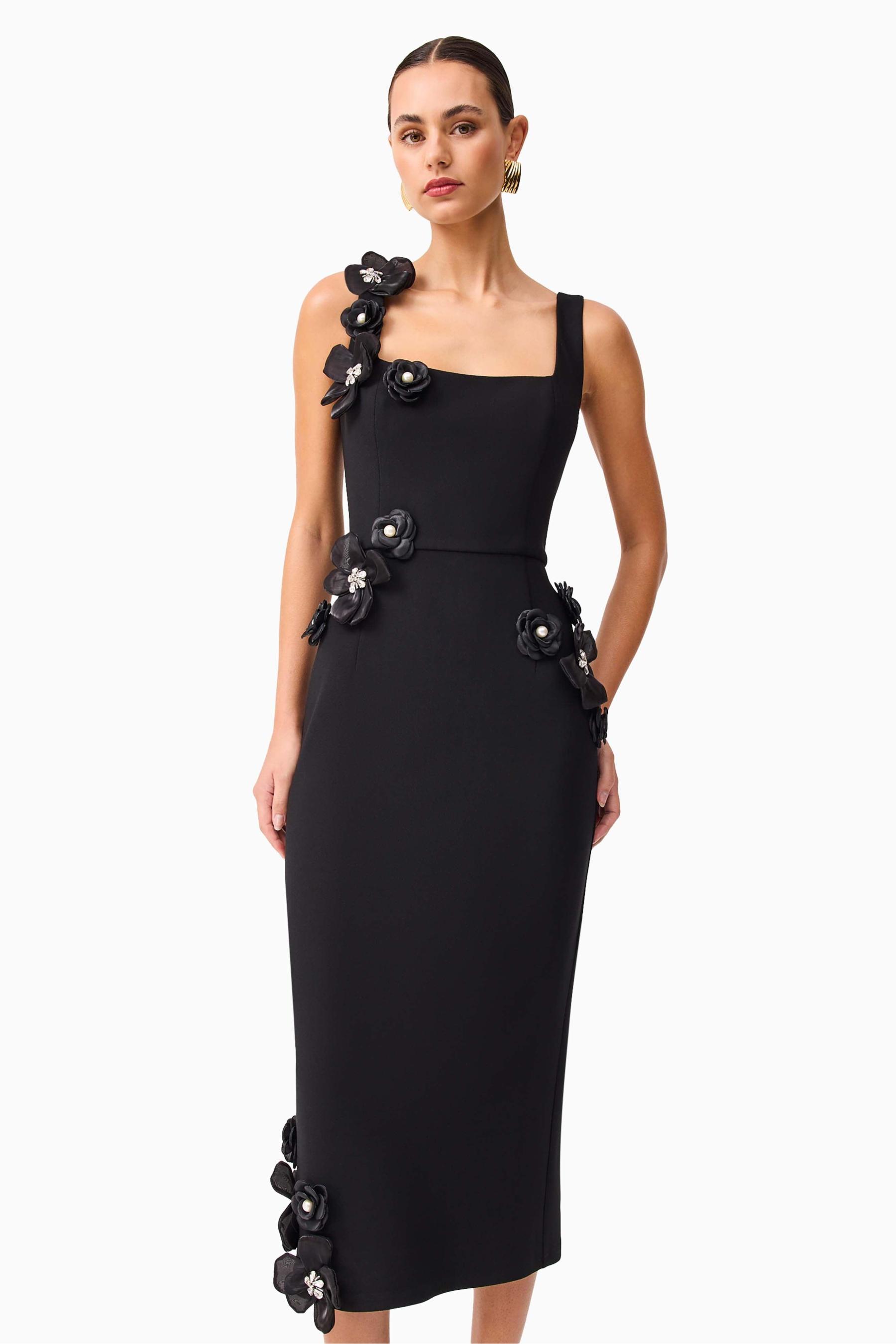 3D Flower Rhinestone Rivets Sleeveless Midi Dress