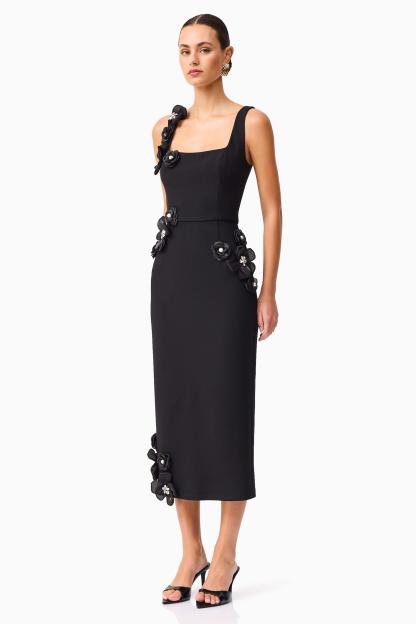 3D Flower Rhinestone Rivets Sleeveless Midi Dress