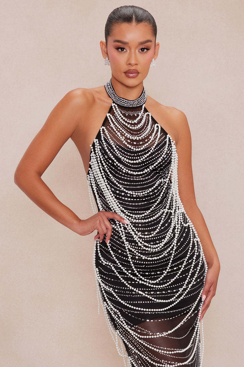 Mesh Rhinestone Faux Pearl Maxi Dress
