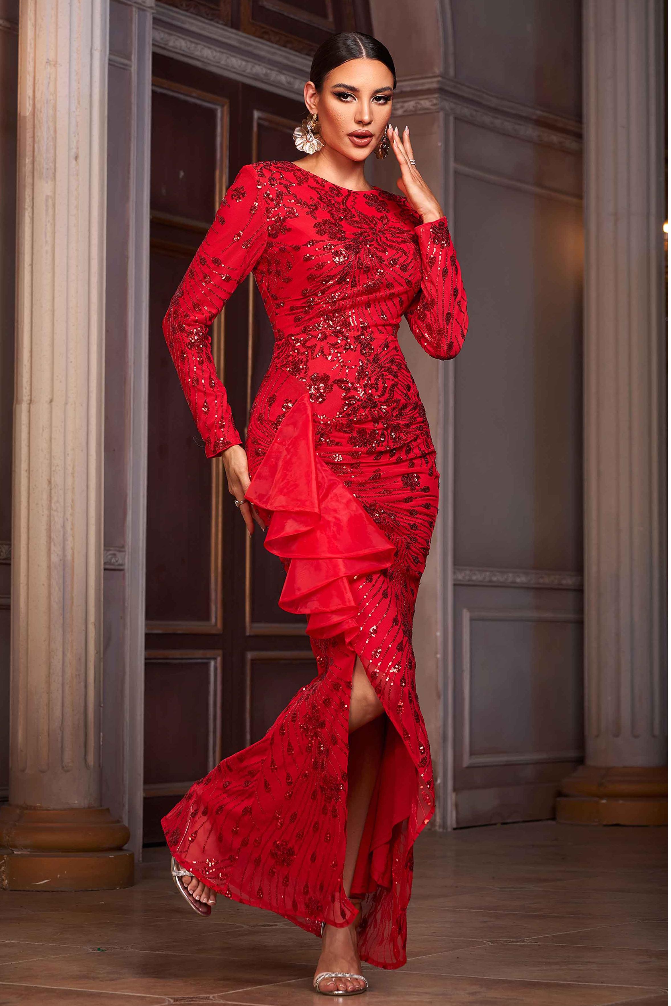 Sequin Ruffle Slit Maxi Dress