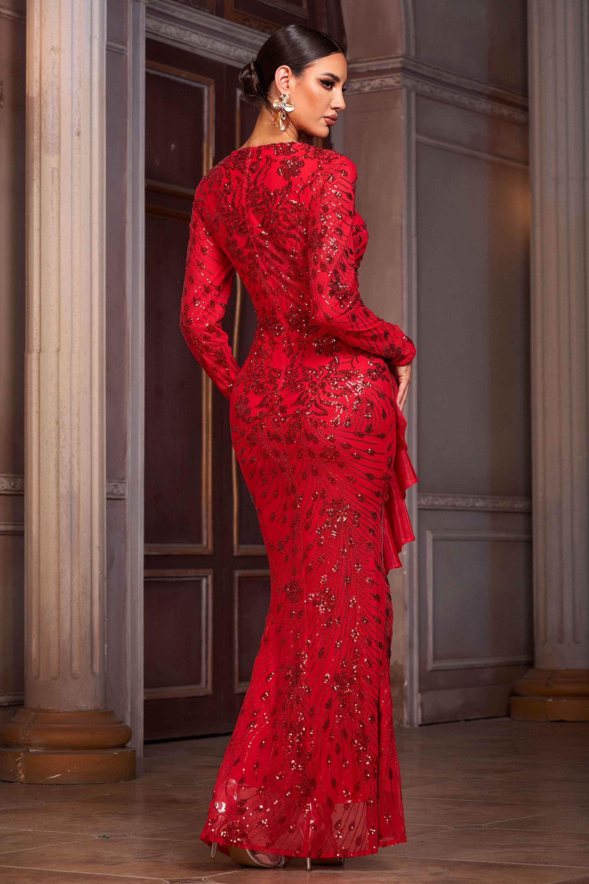 Sequin Ruffle Slit Maxi Dress