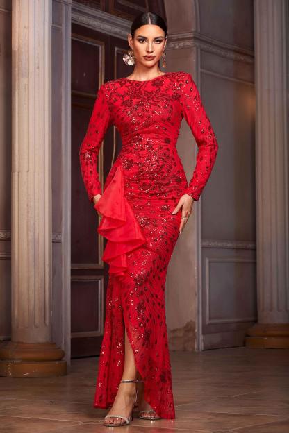 Sequin Ruffle Slit Maxi Dress