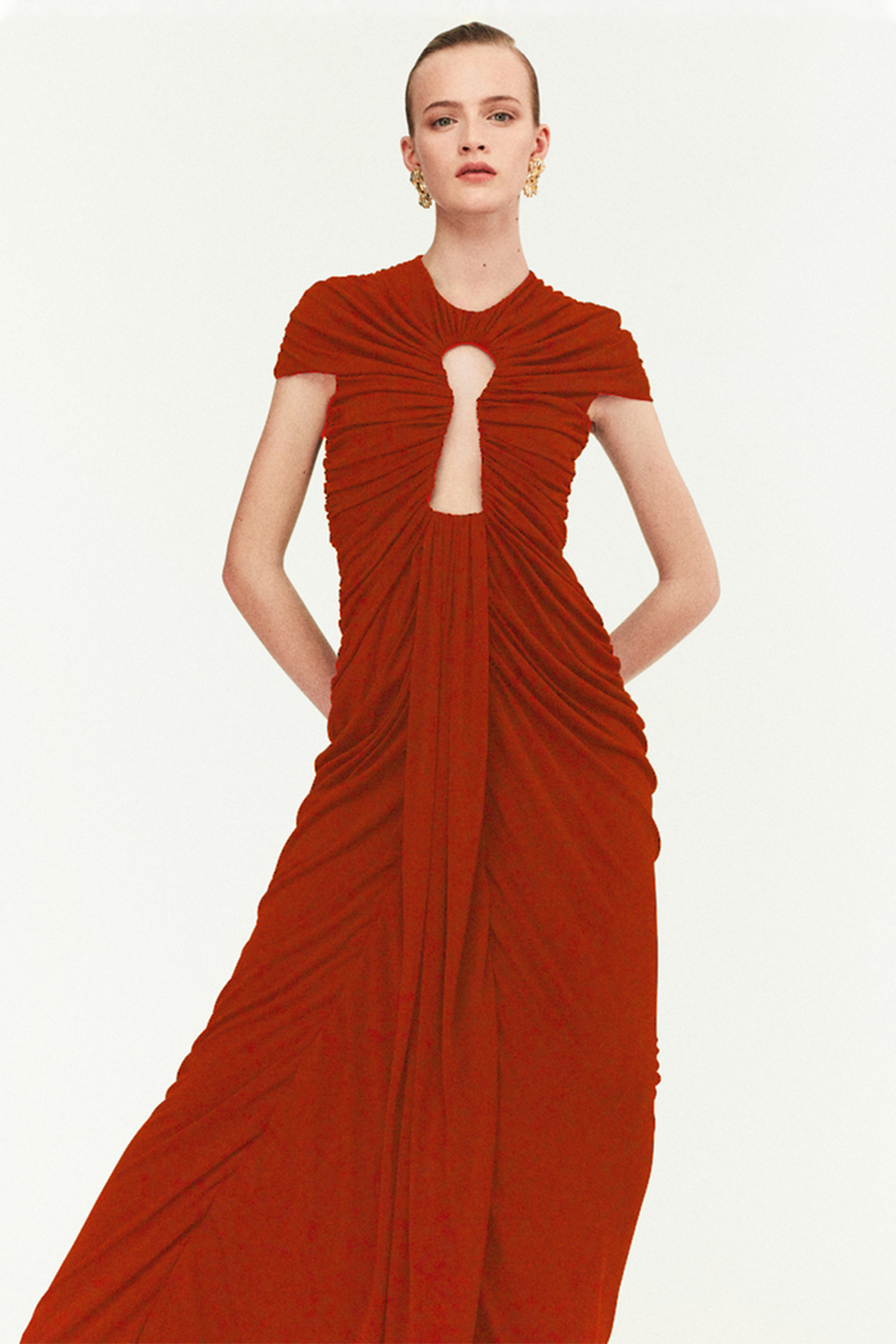 Mesh Gathering Cut-Out Maxi Dress