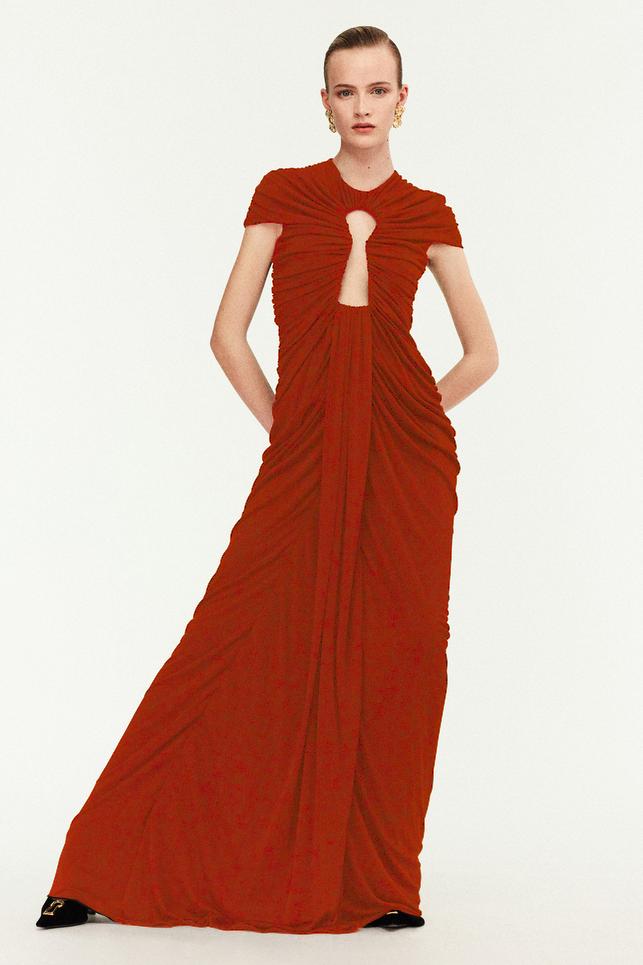 Mesh Gathering Cut-Out Maxi Dress