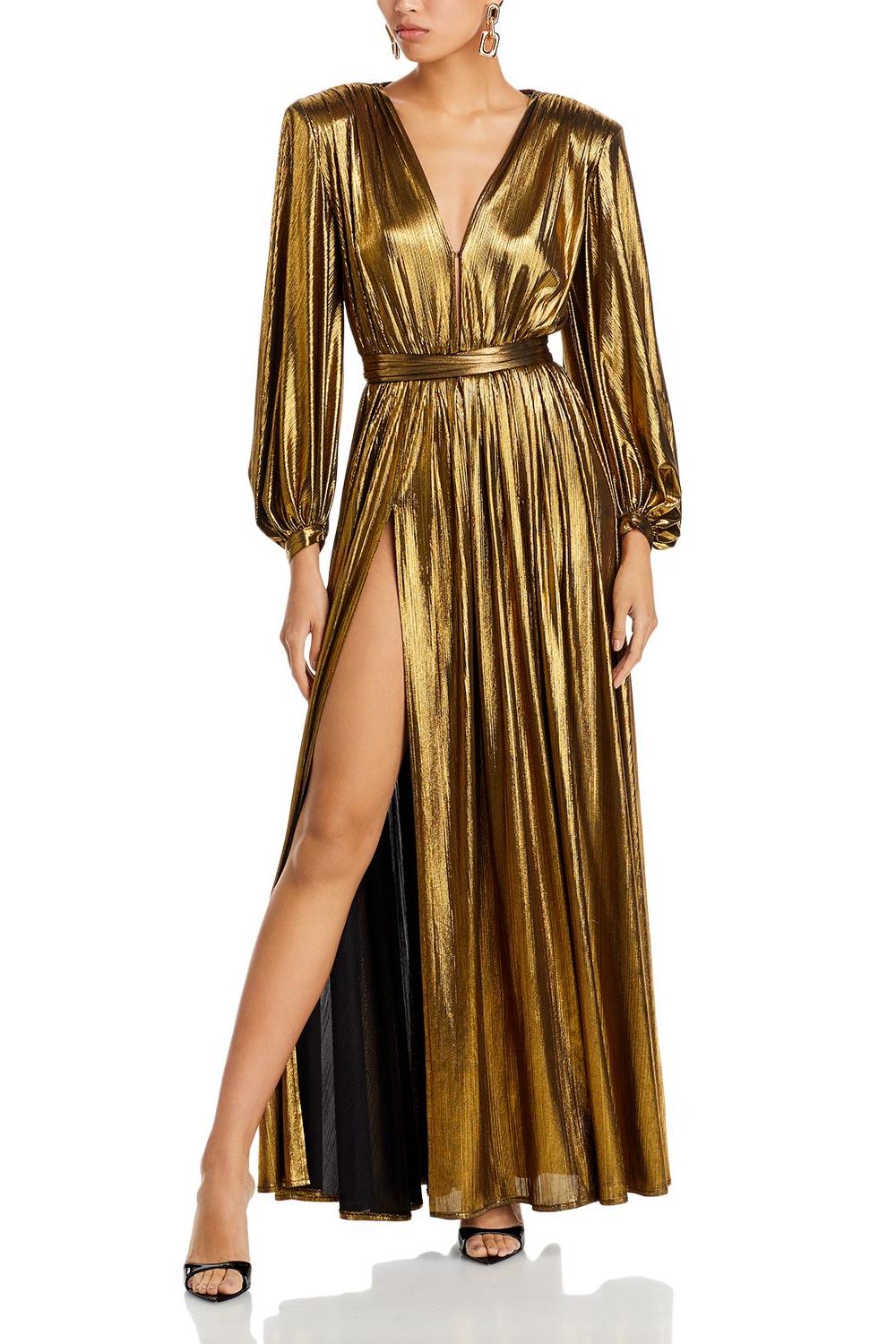 Metallic Fabric V-Neck Maxi Dress With Belt