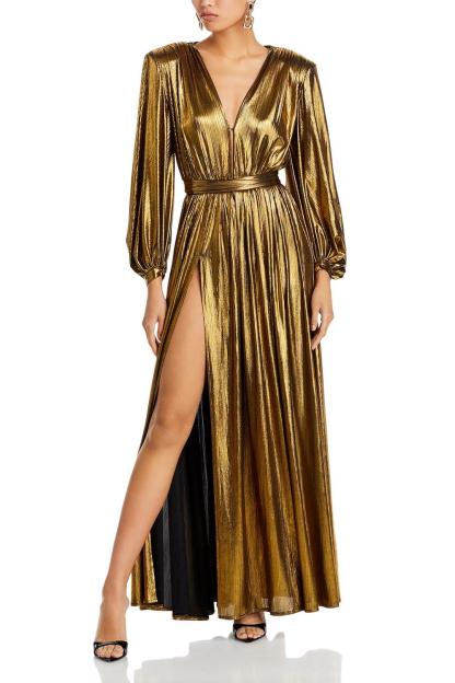 Metallic Fabric V-Neck Maxi Dress With Belt