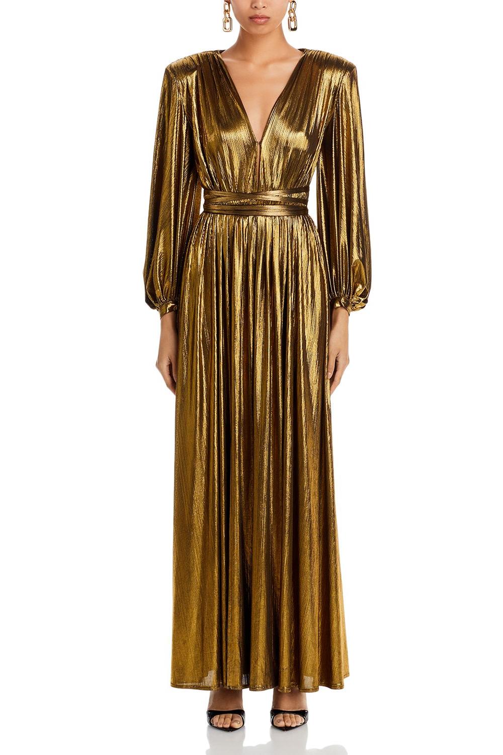 Metallic Fabric V-Neck Maxi Dress With Belt