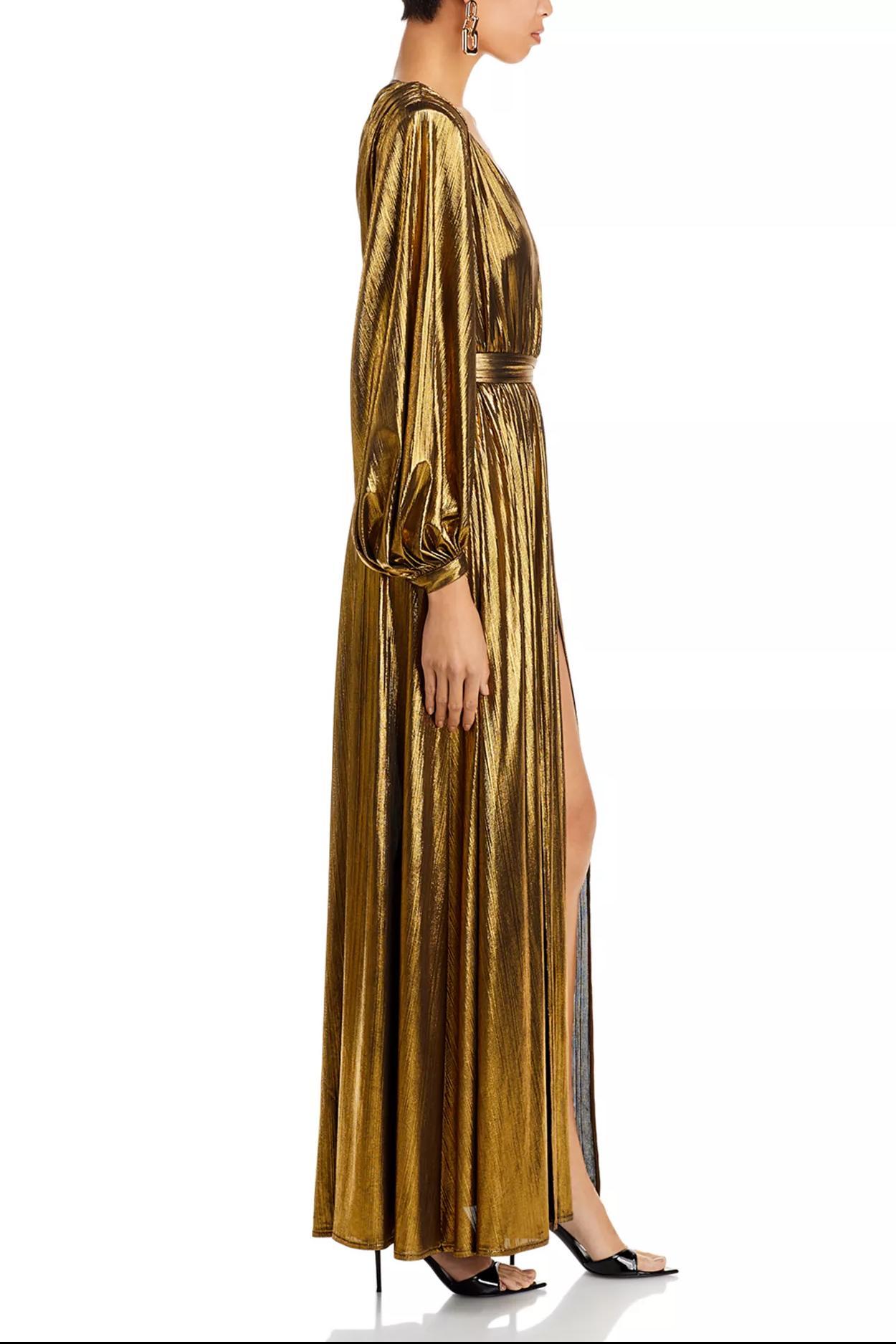Metallic Fabric V-Neck Maxi Dress With Belt