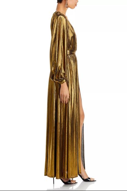 Metallic Fabric V-Neck Maxi Dress With Belt