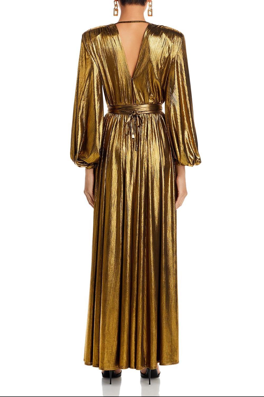 Metallic Fabric V-Neck Maxi Dress With Belt